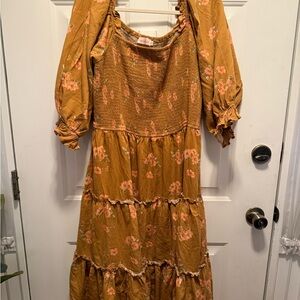 IVY CITY CO Floral Mustard Smocked Dress with Puff Sleeves